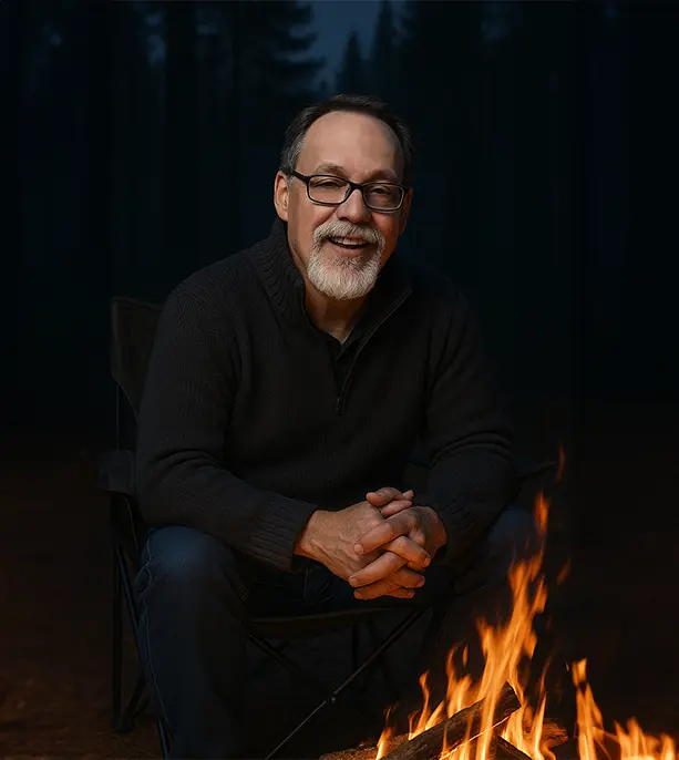 Man sitting by campfire at night.