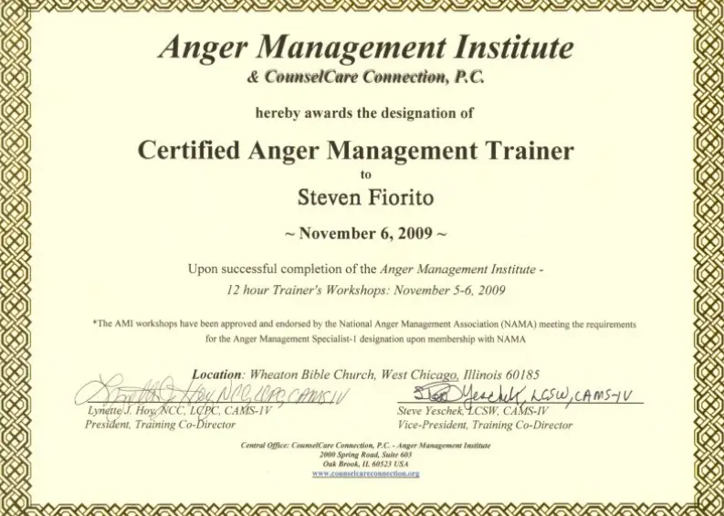 Certificate of Certified Anger Management Trainer.