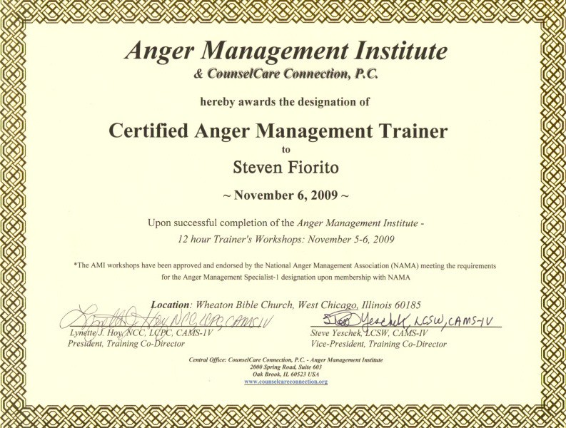 Certificate for Certified Anger Management Trainer, 2009.