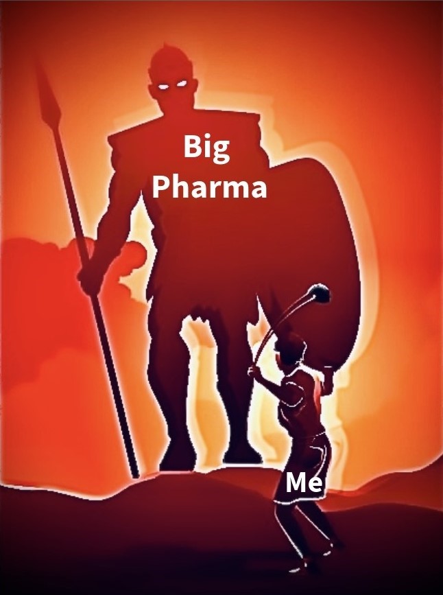 David versus Goliath metaphor, Big Pharma theme.