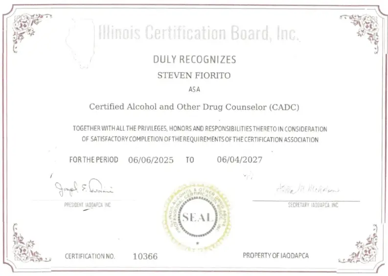 Certificate for Certified Alcohol and Drug Counselor.